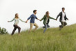 Young adults running on meadow holding hands