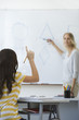 High school student raising hand, answering teacher's question