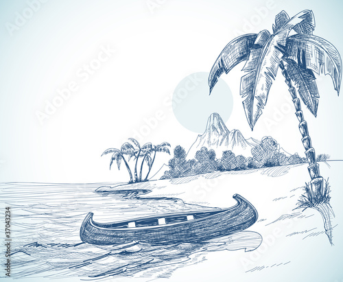 Vector: Beach sketch with boat on shore Beach sketch with boat on shore