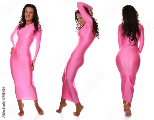 Photo: Sexy Beautiful Barefoot Girl in Pretty Pink Spandex Long Dress Sexy Beautiful Barefoot Girl in Pretty Pink Spandex Long Dress