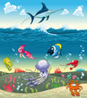 Under the sea with fish and other animals. Vector illustration