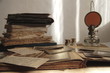 Close-up of old photos,books and letters.