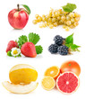 set fresh fruits with green leaves isolated on white background set fresh fruits with green leaves isolated on white background
