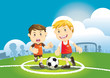 Vektor: Children playing soccer outdoors Children playing soccer outdoors