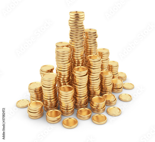 Illustration: Heap gold coins 3D. Business concept. Isolated on white backgrou Heap gold coins 3D. Business concept. Isolated on white backgrou