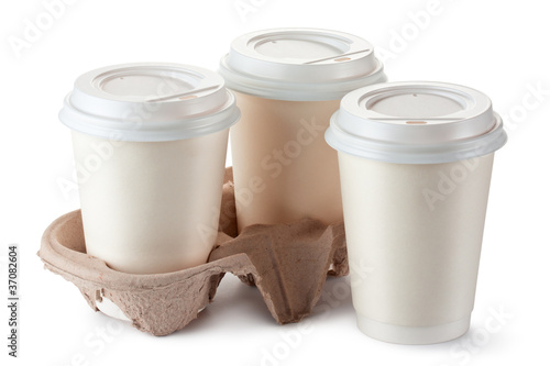Photo: Three disposable coffee cups with plastic lid Three disposable coffee cups with plastic lid