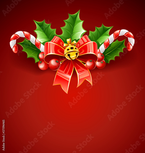 Vector: christmas decoration of red bow with gold bell and holly christmas decoration of red bow with gold bell and holly