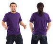 Excited male with blank purple shirt