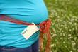Pregnant woman showing her tummy with a label Pregnant woman showing her tummy with a label
