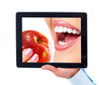 Tablet computer and woman with apple Tablet computer and woman with apple
