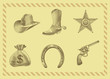 cowboy icon set in engraving style