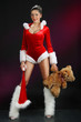 Young sexy woman in Christmas costume holding a teddy bear