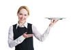 Foto: woman waiter with metal cloche lid cover woman waiter with metal cloche lid cover