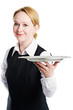 Foto: woman waiter with metal cloche lid cover woman waiter with metal cloche lid cover