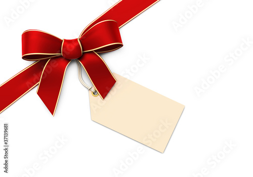Illustration: Red silk corner ribbon with golden edges and tag Red silk corner ribbon with golden edges and tag