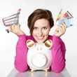Woman is happy to save money with piggy bank for shopping