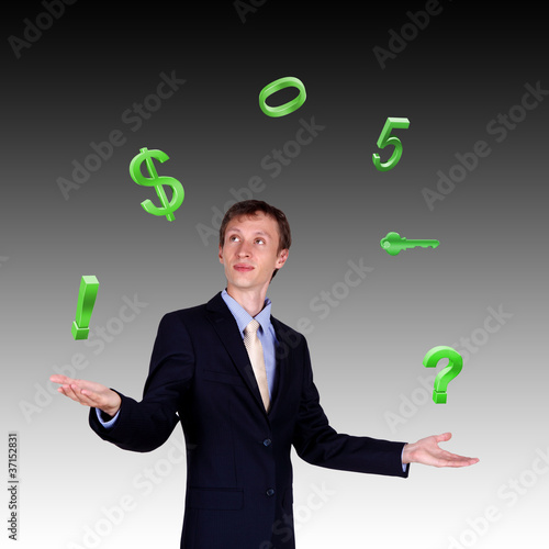 Illustration: Business man juggling with numbers and symbols Business man juggling with numbers and symbols