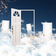 White door against blue sky background White door against blue sky background