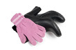 pink gloves on black leather women's boots isolated