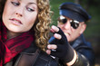 Pretty Young Teen Girl with Mysterious Man Reaching to Grab Her