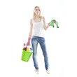 young blonde attractive woman with tools for housecleaning