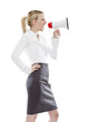 young blonde attractive business woman holding a megaphone