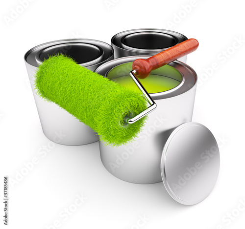 Illustration: Green paint of grass. Roller and steel can isolated on white bac Green paint of grass. Roller and steel can isolated on white bac