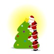 TRES PAPA NOEL COLOCANDO ESTRELLA EN ARBOL NAVIDEÑO