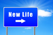 New life road sign with arrow on sky background.