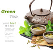 Asian tea set with dried green tea and fresh mint Asian tea set with dried green tea and fresh mint