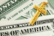 A golden cross on the dollar bills concept of  In God We Trust
