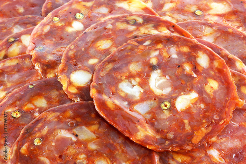 Photo: fresh spicy Spanish chorizo (sausage) - Salami / Pepperoni fresh spicy Spanish chorizo (sausage) - Salami / Pepperoni
