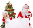 Santa claus and christmas girl holding banner.