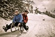 Senior couple on sledge having fun