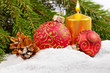 Christmas balls and golden candle Christmas balls and golden candle