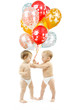Small children present colorful balloons over white background