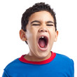 Latin boy screaming with anger on a white background