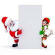 Santa claus, elves and reindeer with sign