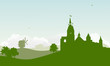castle in country landscape green illustration