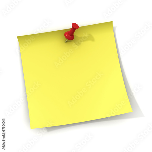 Illustration: Yellow note and red push pin on white background with shadow Yellow note and red push pin on white background with shadow