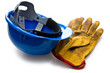 blue hardhat and leather working gloves