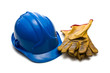 blue hardhat and leather working gloves