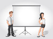 Group cartoon teenagers and white billboard