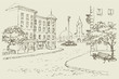 Vector architectural landscape. Old street of the city center Vector architectural landscape. Old street of the city center