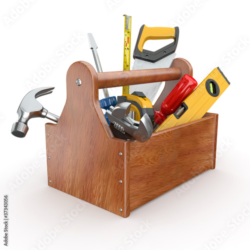 Illustration: Toolbox with tools. Skrewdriver, hammer, handsaw and wrench Toolbox with tools. Skrewdriver, hammer, handsaw and wrench