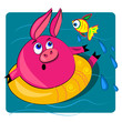 Images : pig swimming in ocean.vector card illustration