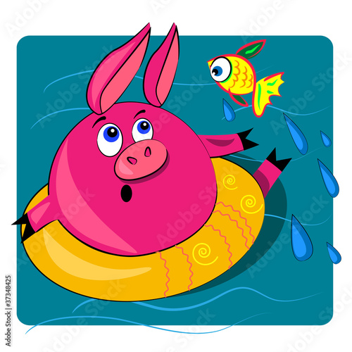 Vector: pig swimming in ocean.vector card illustration pig swimming in ocean.vector card illustration