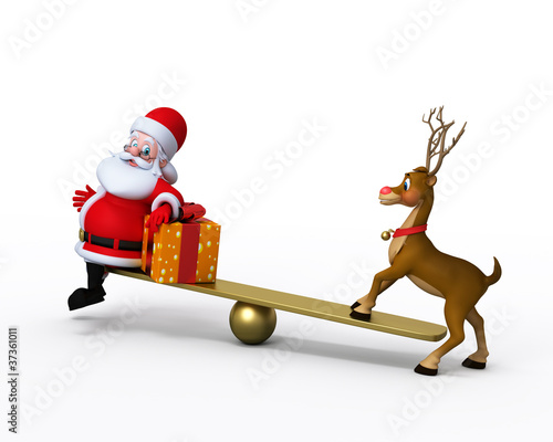 Illustration: Santa Claus with Reindeer playing on the seesaw. Santa Claus with Reindeer playing on the seesaw.