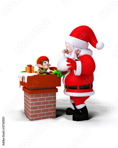 Illustration: Santa Claus with Elves in chimney. Santa Claus with Elves in chimney.