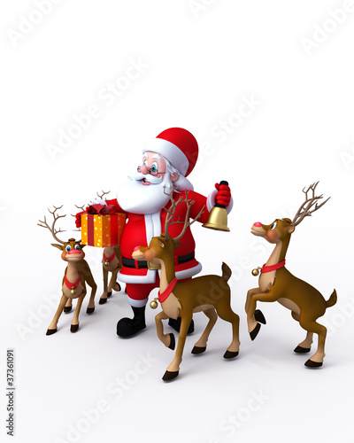 Illustration: Happy Santa Claus with bell and his reindeer Happy Santa Claus with bell and his reindeer